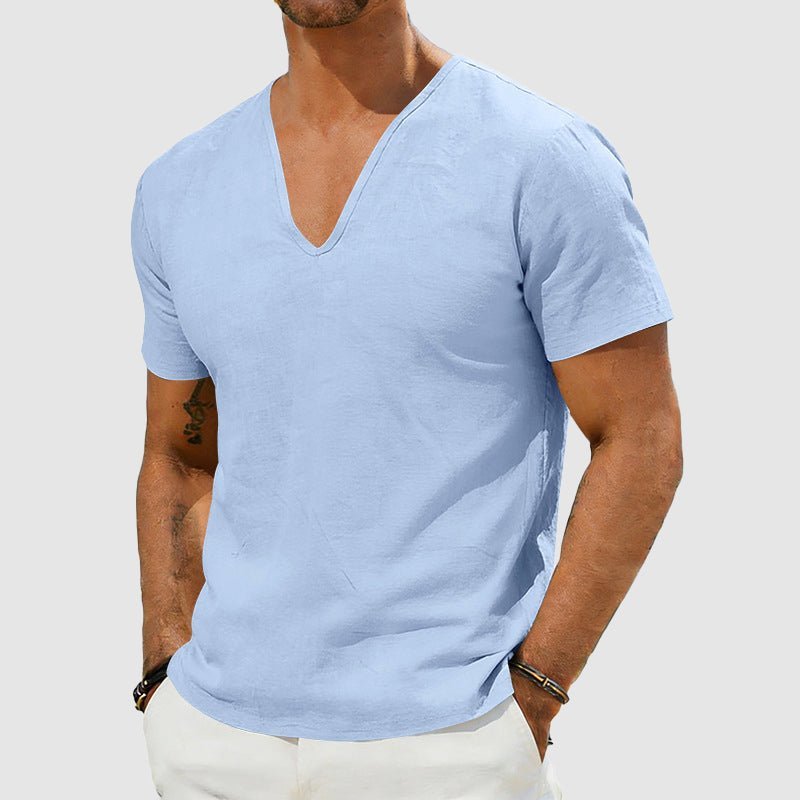 Herren Leinen V-Ausschnitt Kurzarm T-Shirt - Blue