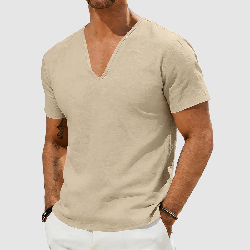 Herren Leinen V-Ausschnitt Kurzarm T-Shirt - Khaki