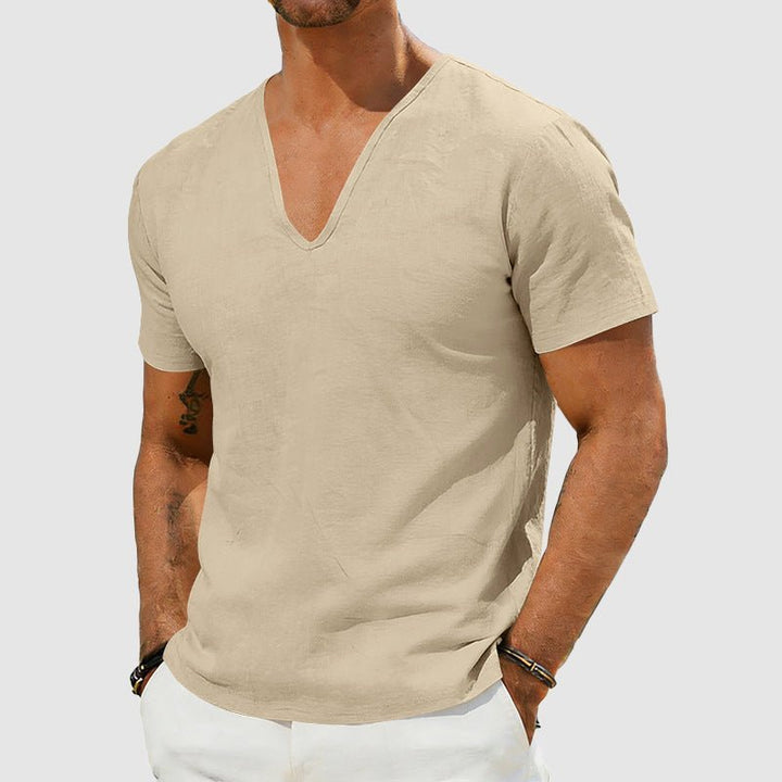 Herren Leinen V-Ausschnitt Kurzarm T-Shirt - Khaki