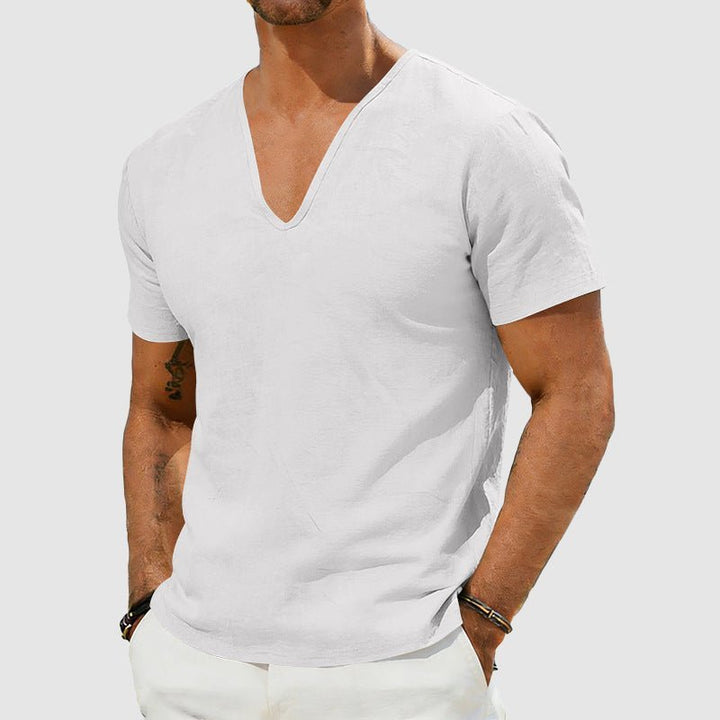 Herren Leinen V-Ausschnitt Kurzarm T-Shirt - White