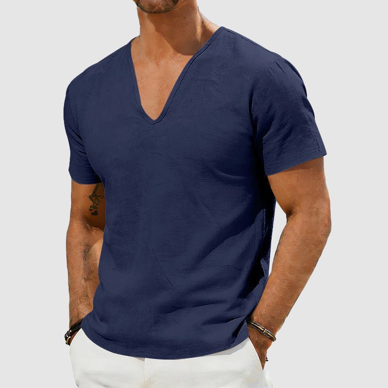 Herren Leinen V-Ausschnitt Kurzarm T-Shirt - Dark Blue