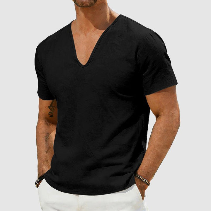 Herren Leinen V-Ausschnitt Kurzarm T-Shirt - Black