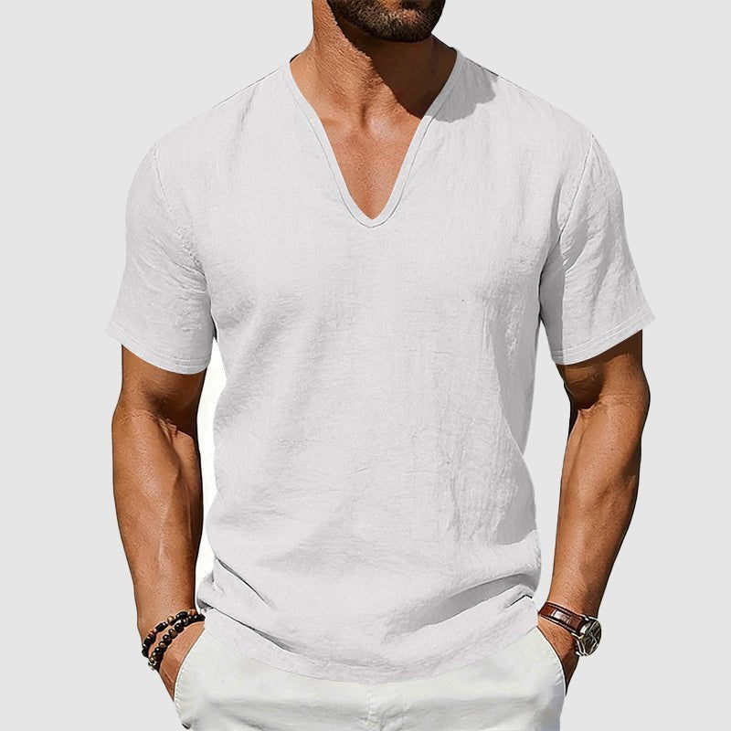 Herren Leinen V-Ausschnitt Kurzarm T-Shirt