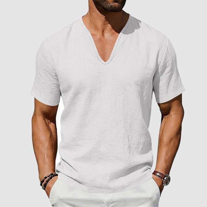 Herren Leinen V-Ausschnitt Kurzarm T-Shirt