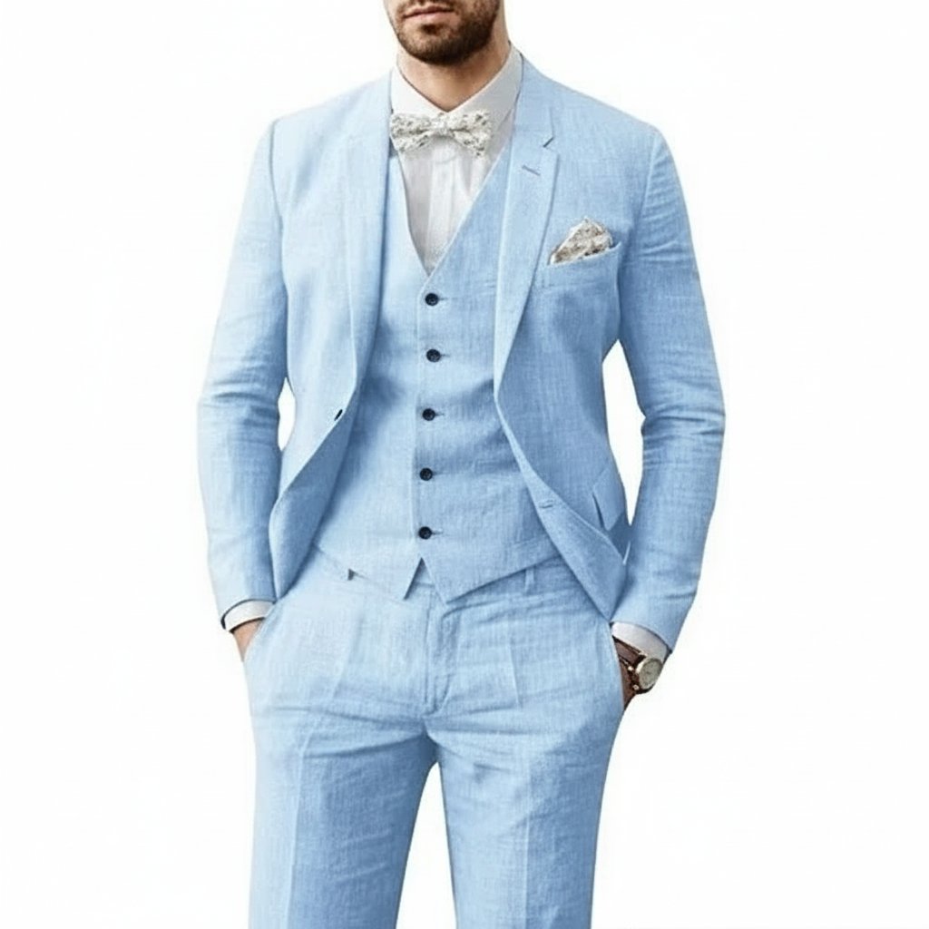 Herren Leinenanzug 3-teilig Zweiknopf Hochzeit Sommer - Hellblau