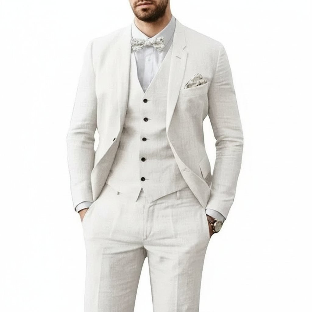 Herren Leinenanzug 3-teilig Zweiknopf Hochzeit Sommer - Weiß