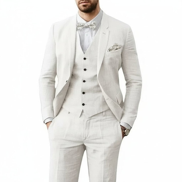 Herren Leinenanzug 3-teilig Zweiknopf Hochzeit Sommer - Weiß