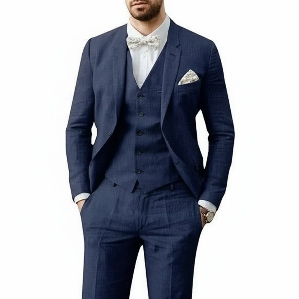 Herren Leinenanzug 3-teilig Zweiknopf Hochzeit Sommer - Marineblau