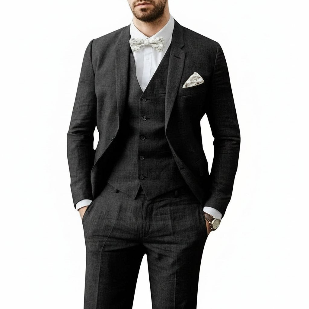 Herren Leinenanzug 3-teilig Zweiknopf Hochzeit Sommer - Schwarz