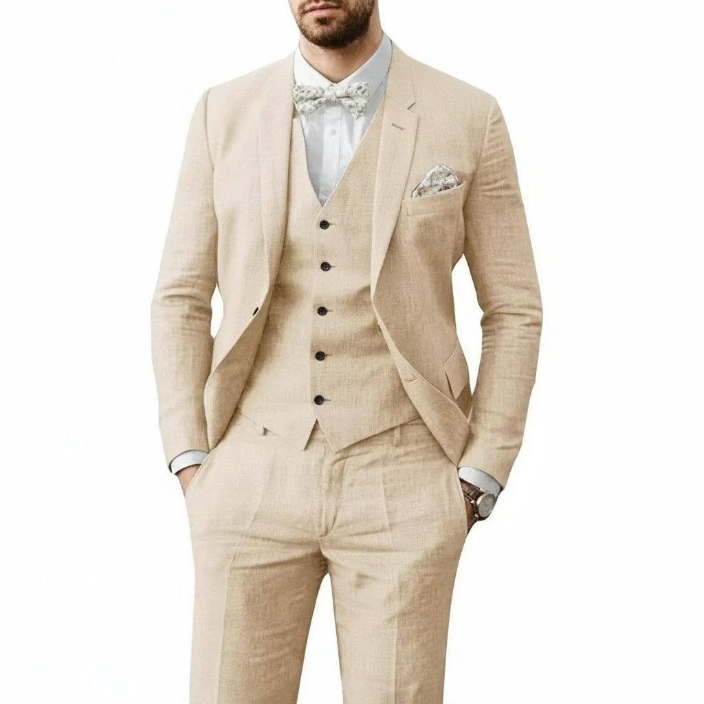 Herren Leinenanzug 3-teilig Zweiknopf Hochzeit Sommer - Beige