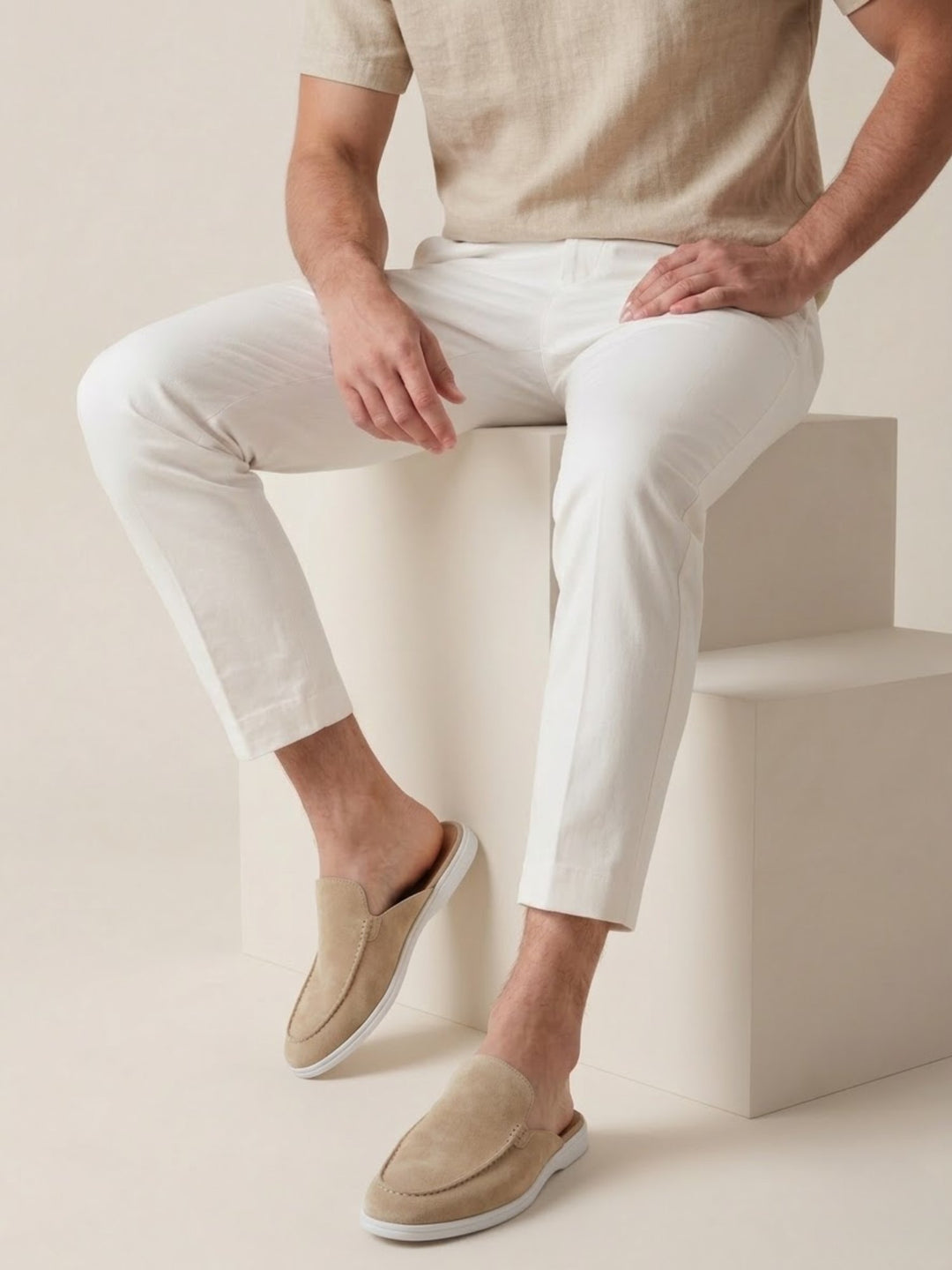 Herren Mules Slipper Offene Ferse Sichtbare Nähte Beige