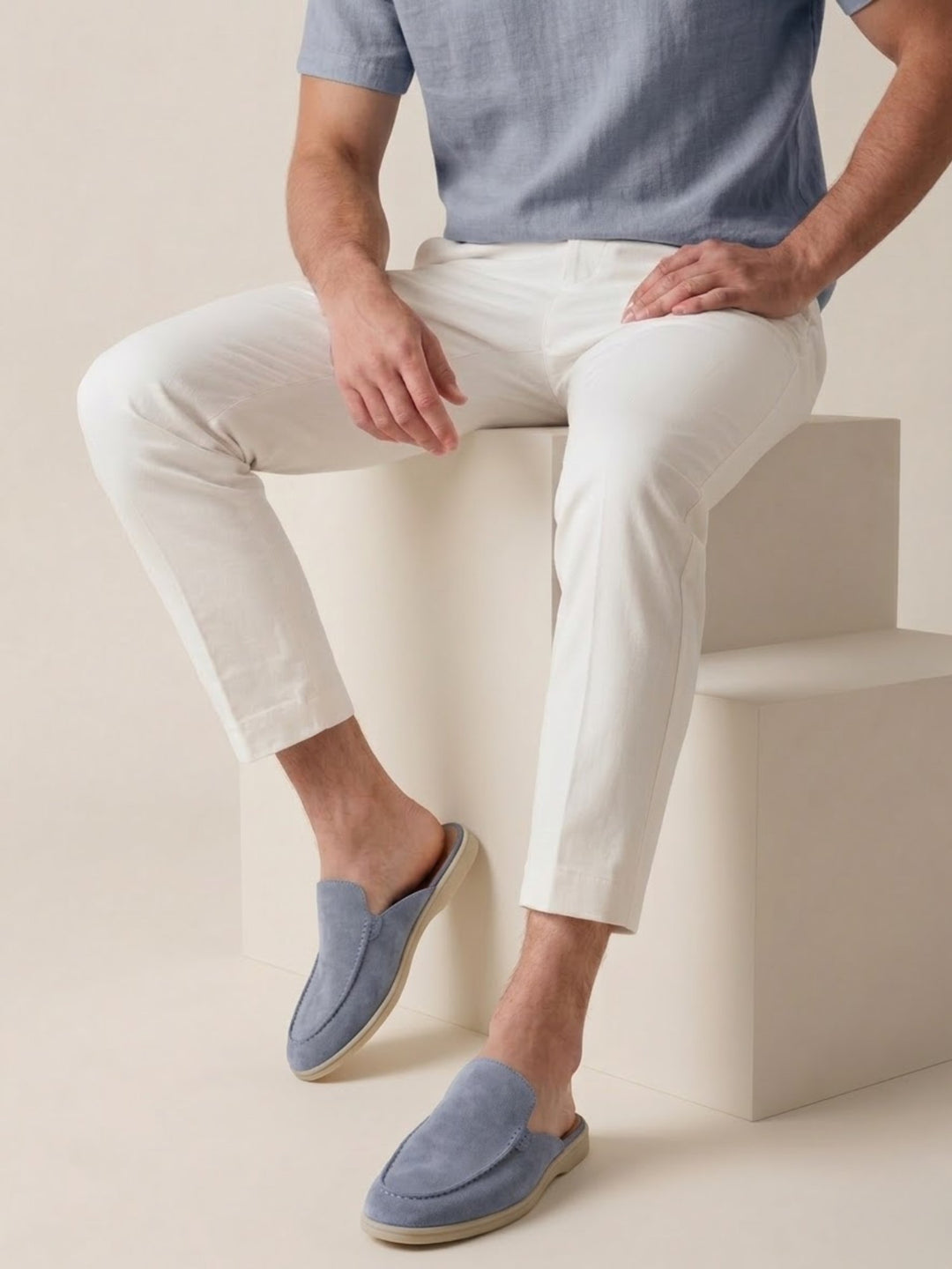 Herren Mules Slipper Offene Ferse Sichtbare Nähte Beige