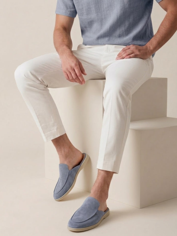 Herren Mules Slipper Offene Ferse Sichtbare Nähte Beige