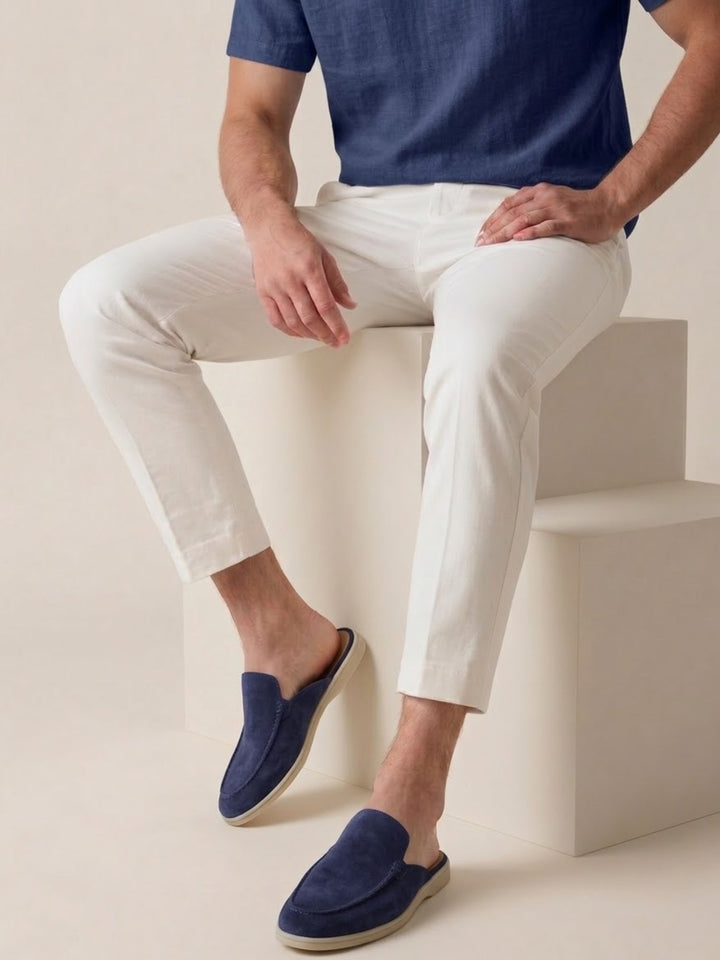 Herren Mules Slipper Offene Ferse Sichtbare Nähte Beige