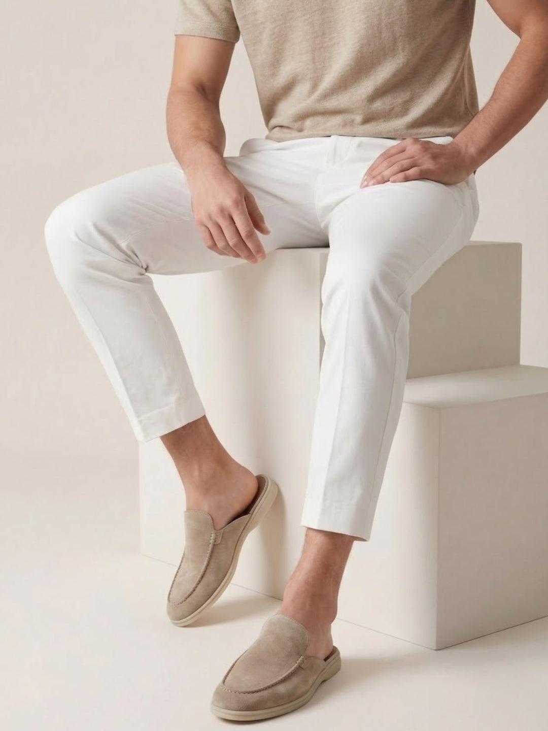 Herren Mules Slipper Offene Ferse Sichtbare Nähte Beige