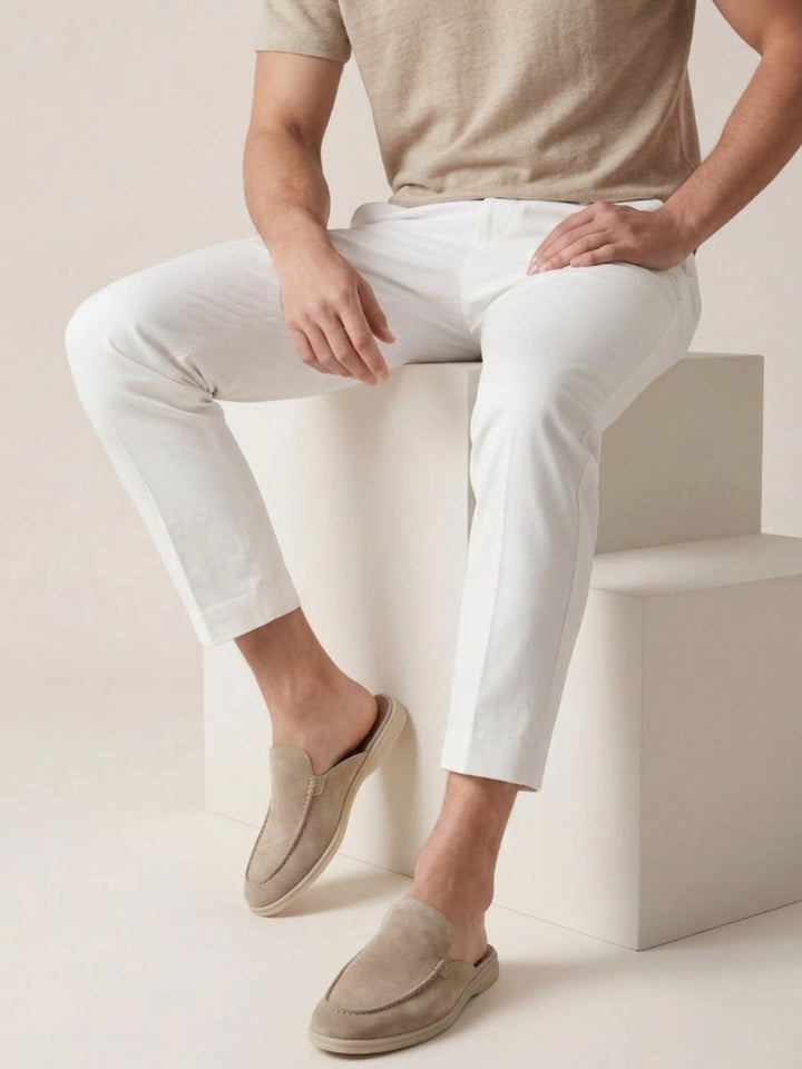 Herren Mules Slipper Offene Ferse Sichtbare Nähte Beige