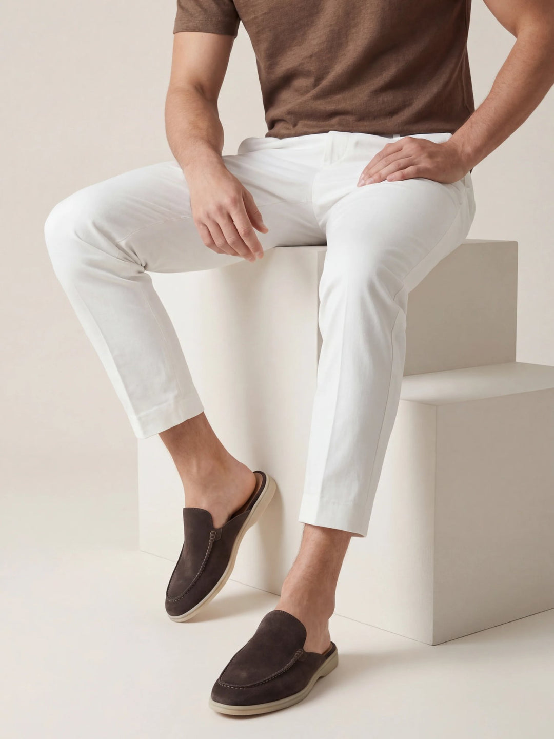 Herren Mules Slipper Offene Ferse Sichtbare Nähte Beige
