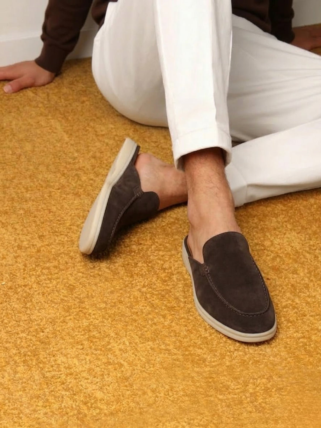Herren Mules Slipper Offene Ferse Sichtbare Nähte Beige