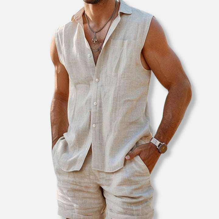 Herren Ärmelloses Leinen-Look Hemd-Shorts-Set Regular Fit - Off Whte