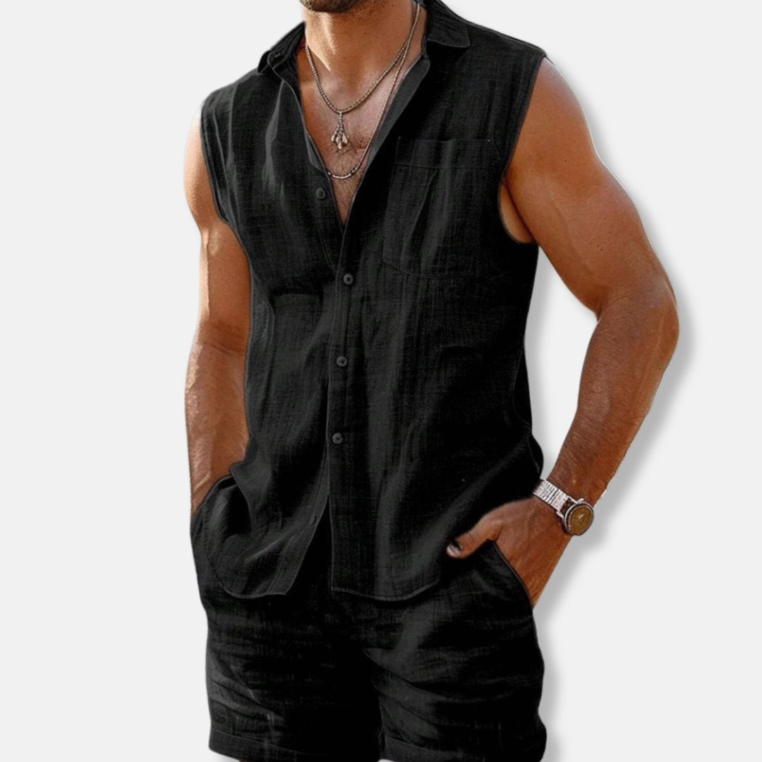 Herren Ärmelloses Leinen-Look Hemd-Shorts-Set Regular Fit - Black
