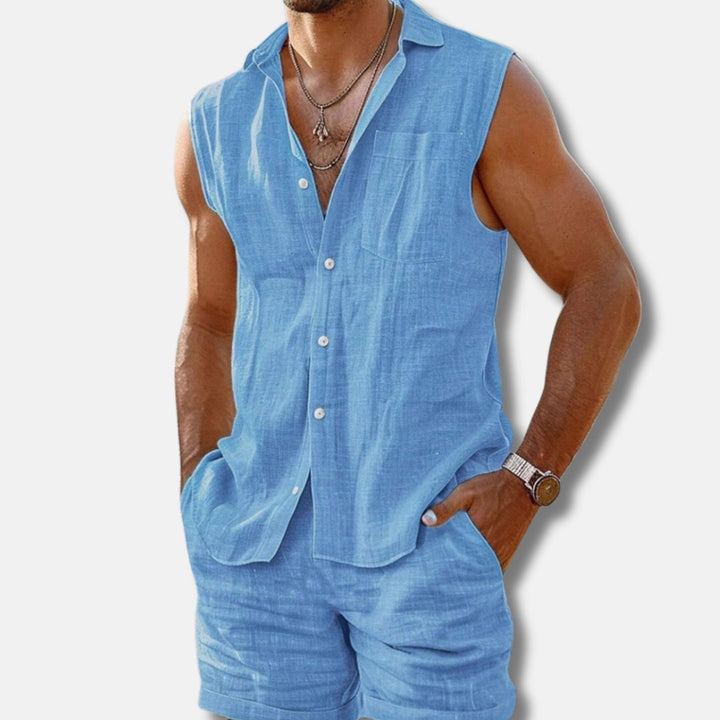 Herren Ärmelloses Leinen-Look Hemd-Shorts-Set Regular Fit - Sky Blue