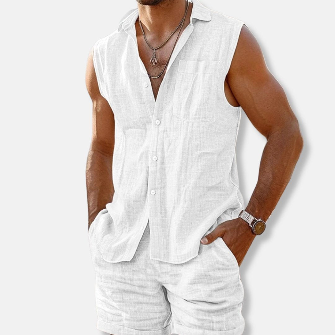 Herren Ärmelloses Leinen-Look Hemd-Shorts-Set Regular Fit - White