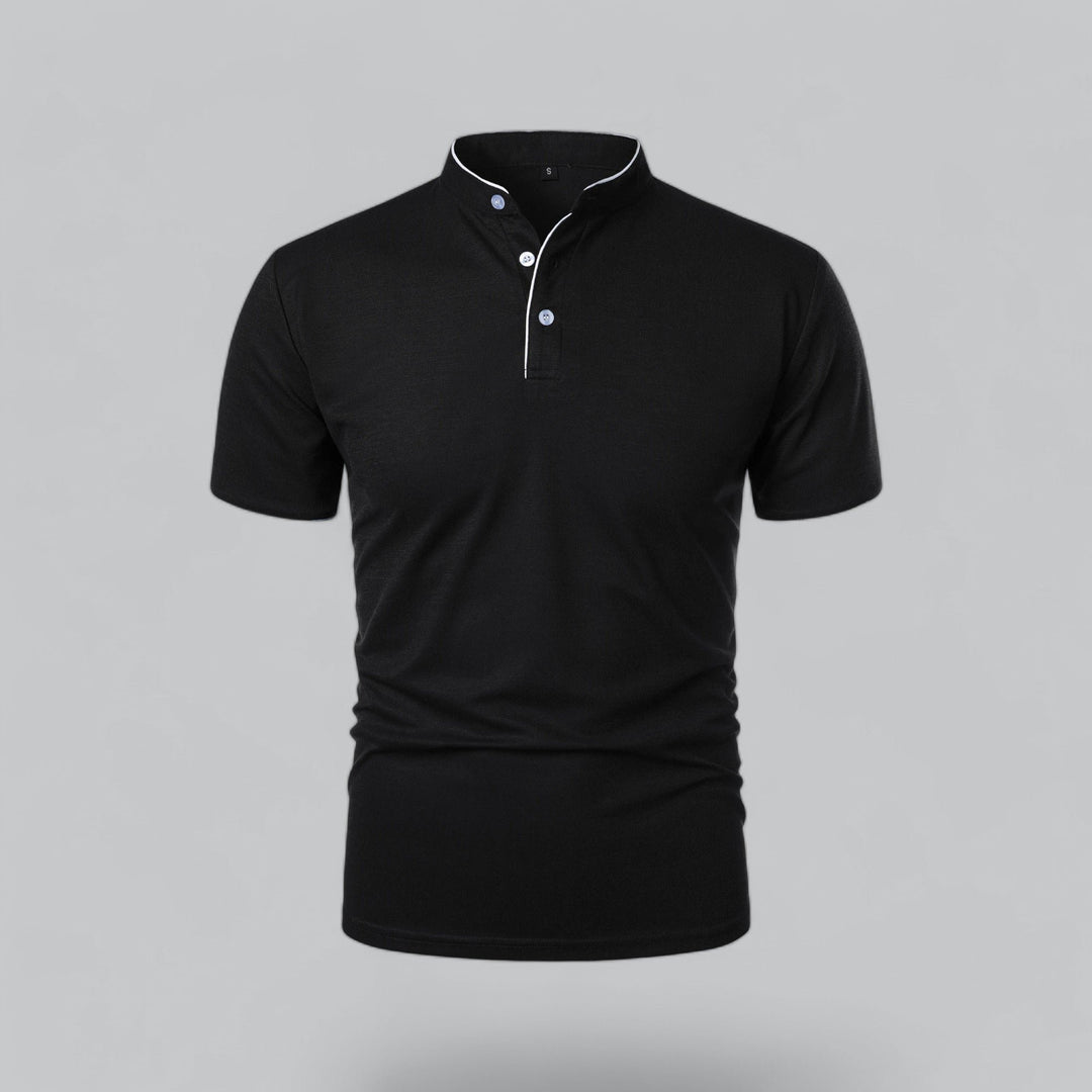 Herren Stehkragen Baumwoll Kurzarm Polo-Shirt - Black