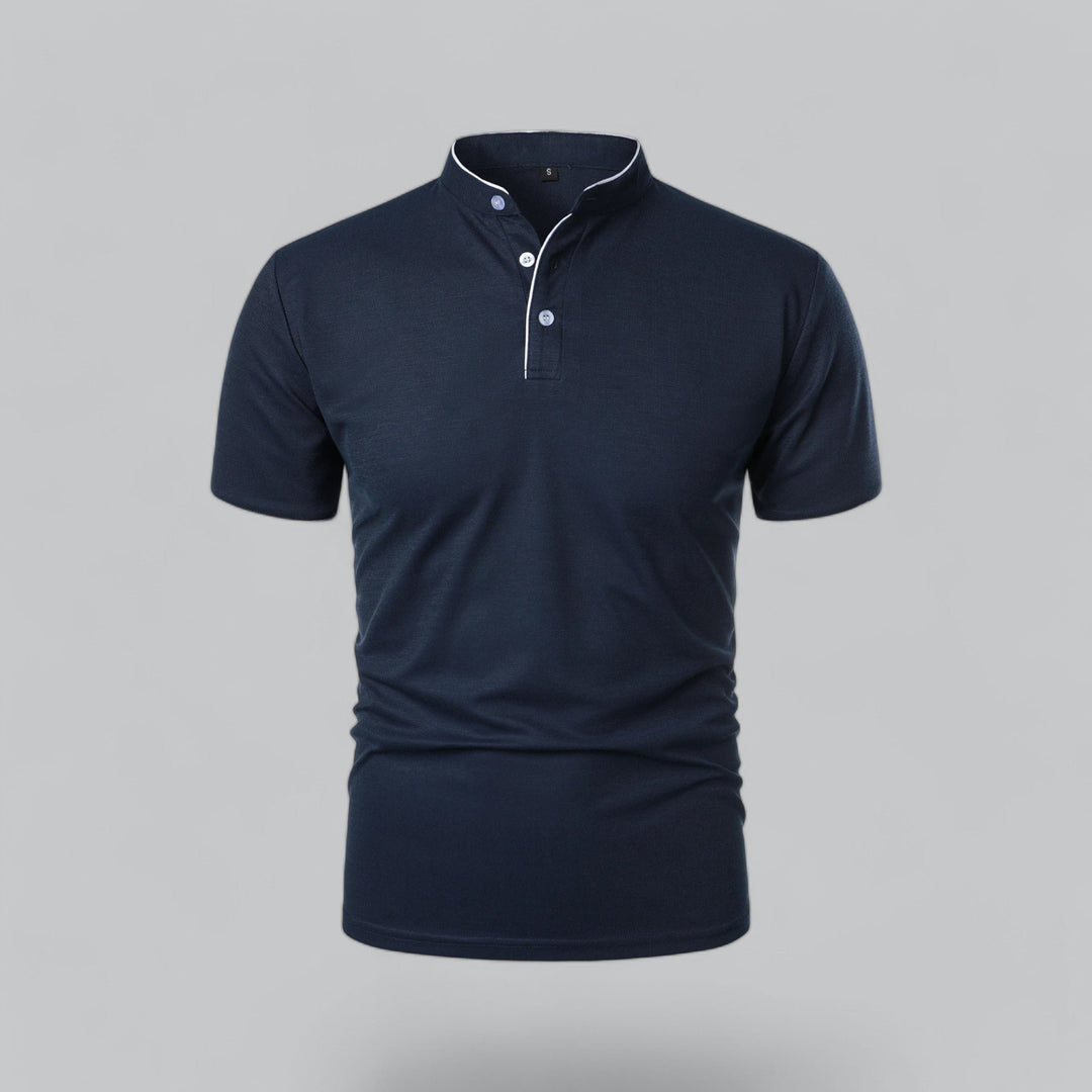 Herren Stehkragen Baumwoll Kurzarm Polo-Shirt - Navy Blue