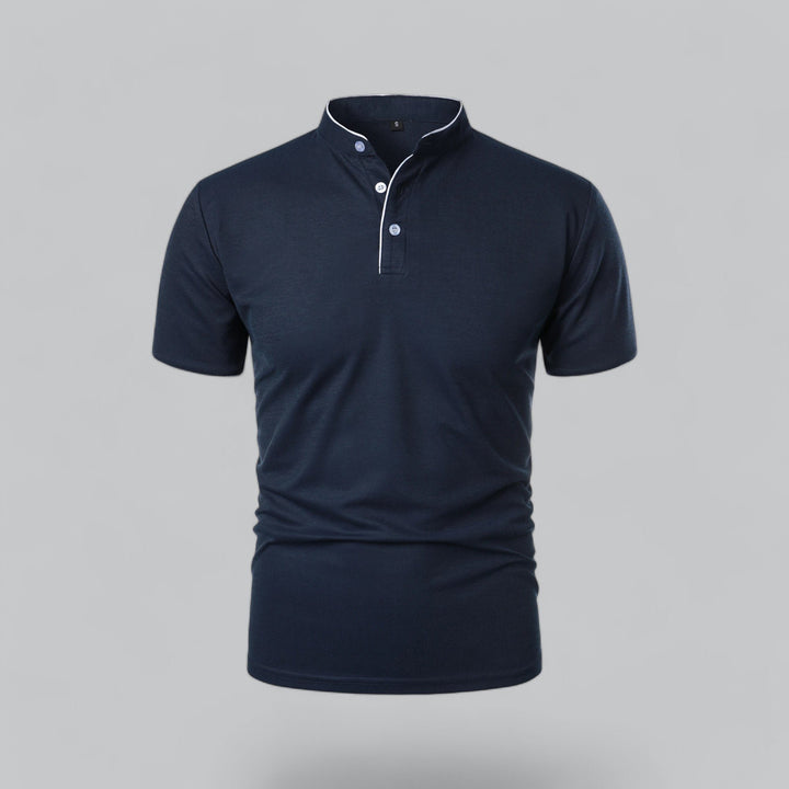 Herren Stehkragen Baumwoll Kurzarm Polo-Shirt - Navy Blue