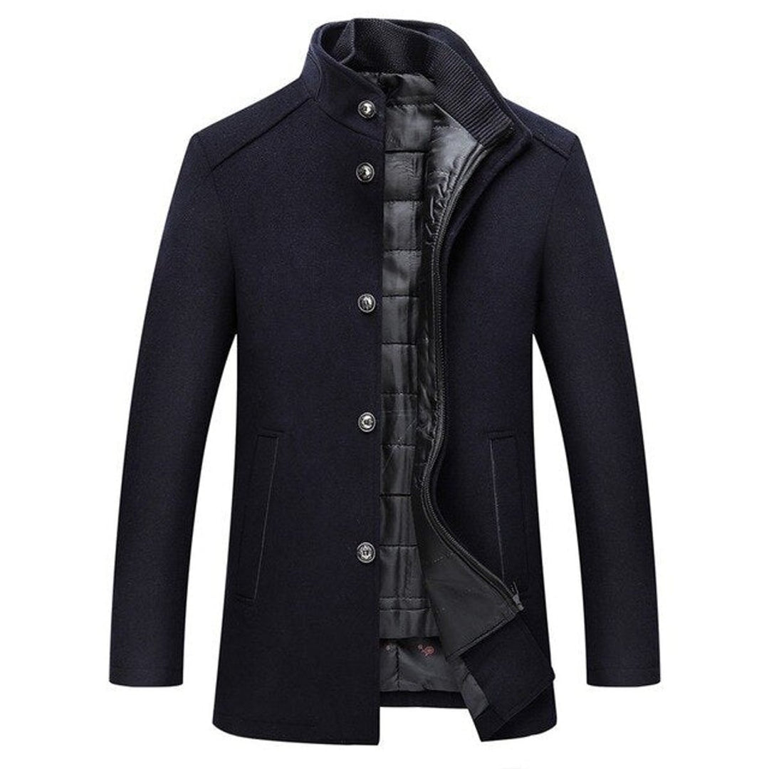 Herren Wintermantel Gesteppter Wollmantel Stehkragen - Marineblau