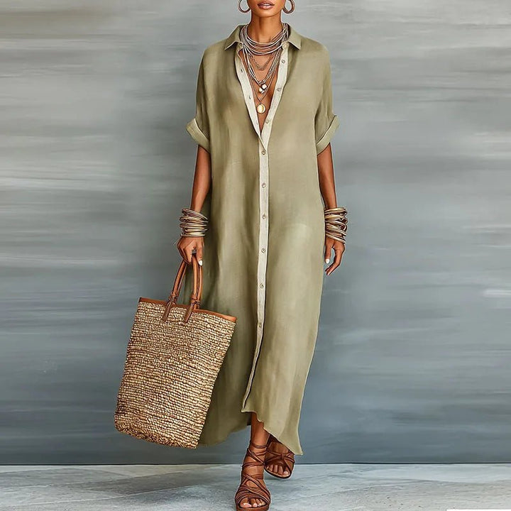 Leinen Maxi Hemdblusenkleid Knopfleiste Relaxed - Khaki