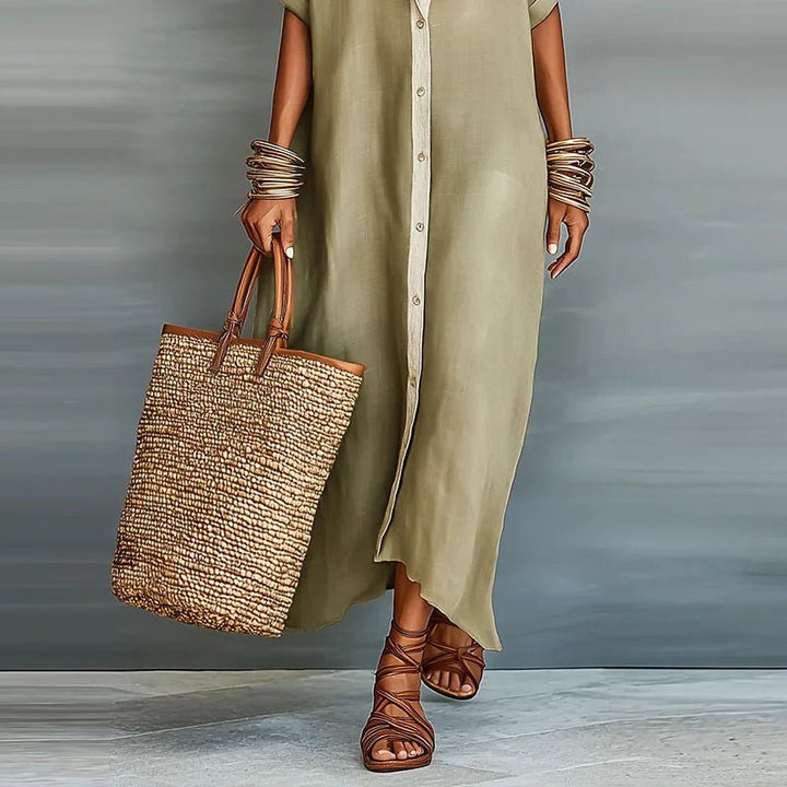 Leinen Maxi Hemdblusenkleid Knopfleiste Relaxed