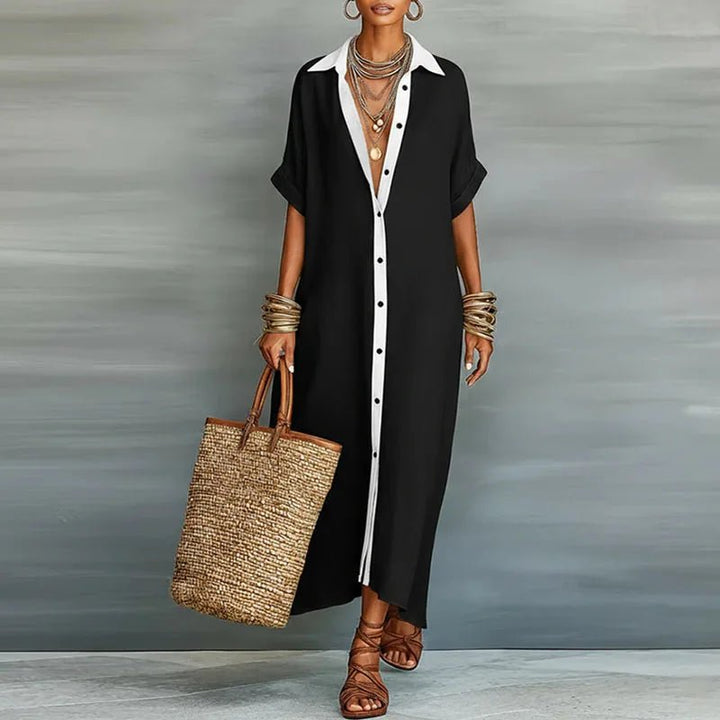 Leinen Maxi Hemdblusenkleid Knopfleiste Relaxed - Black