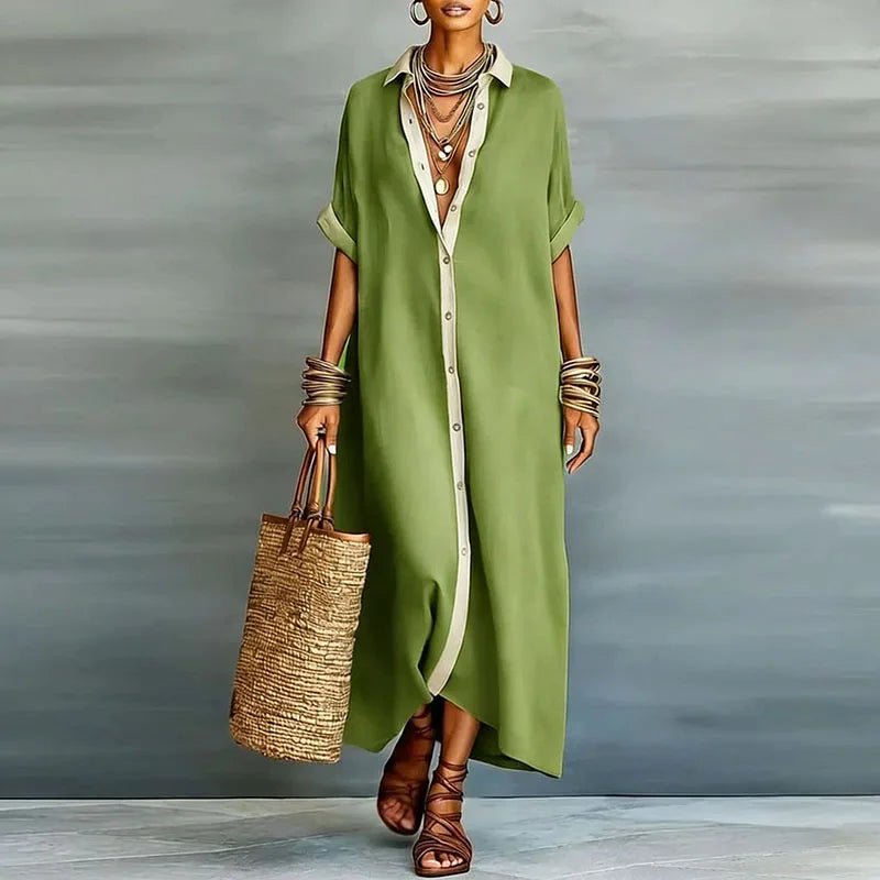 Leinen Maxi Hemdblusenkleid Knopfleiste Relaxed - Green
