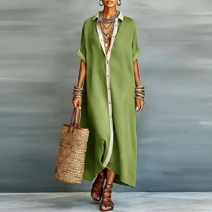 Leinen Maxi Hemdblusenkleid Knopfleiste Relaxed - Green