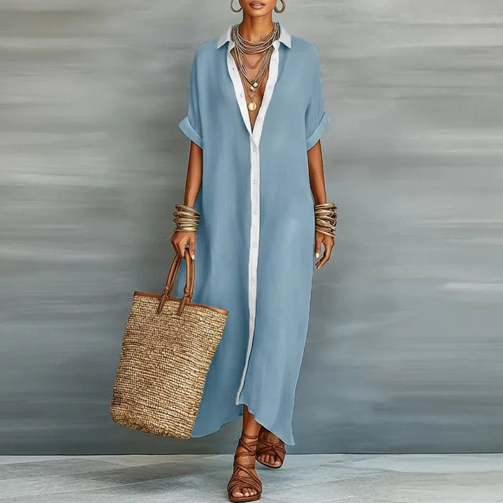 Leinen Maxi Hemdblusenkleid Knopfleiste Relaxed - Sky Blue