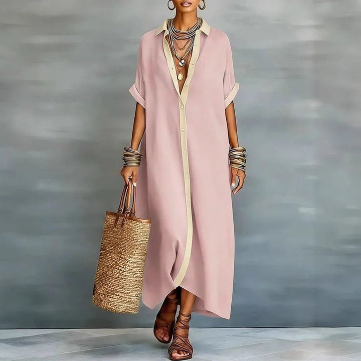 Leinen Maxi Hemdblusenkleid Knopfleiste Relaxed - Pink