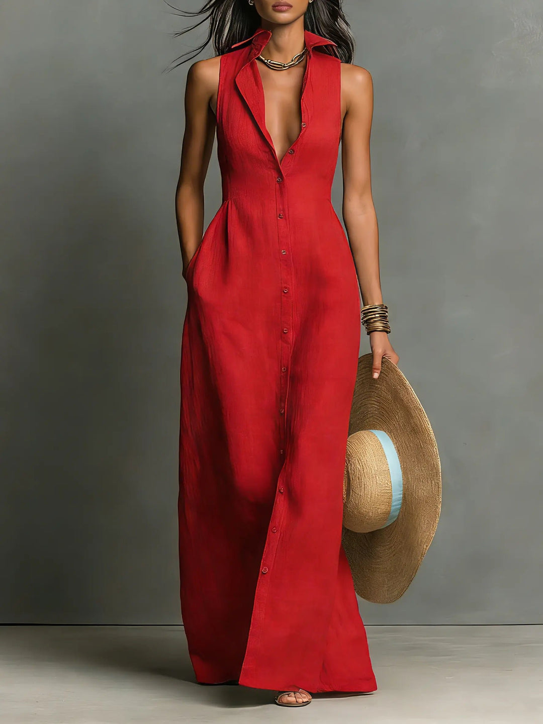 Leinen Maxi Hemdblusenkleid Ärmellos Hemdkragen - Red