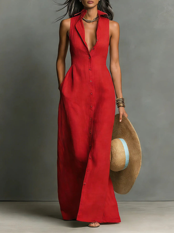 Leinen Maxi Hemdblusenkleid Ärmellos Hemdkragen - Red