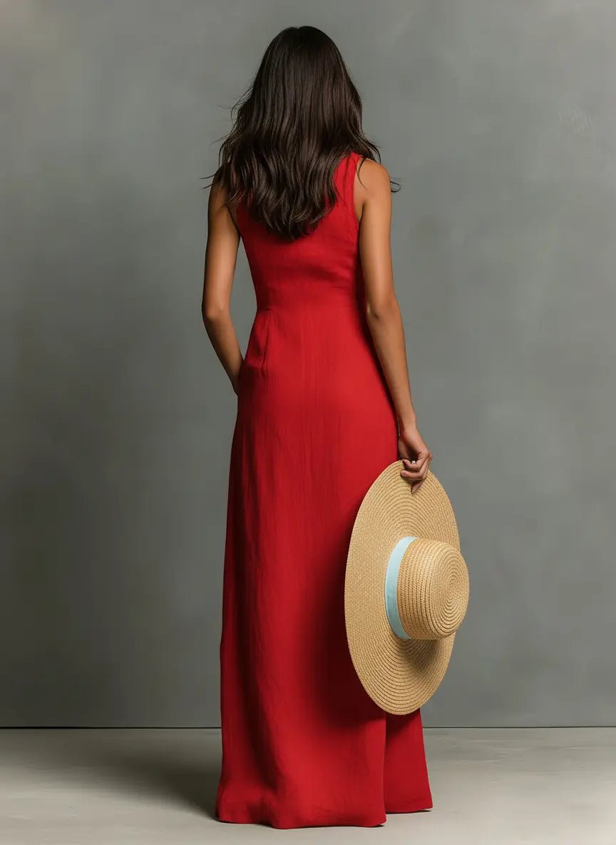 Leinen Maxi Hemdblusenkleid Ärmellos Hemdkragen