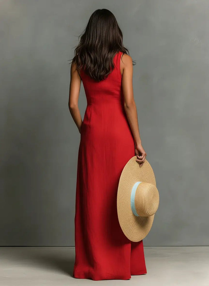 Leinen Maxi Hemdblusenkleid Ärmellos Hemdkragen