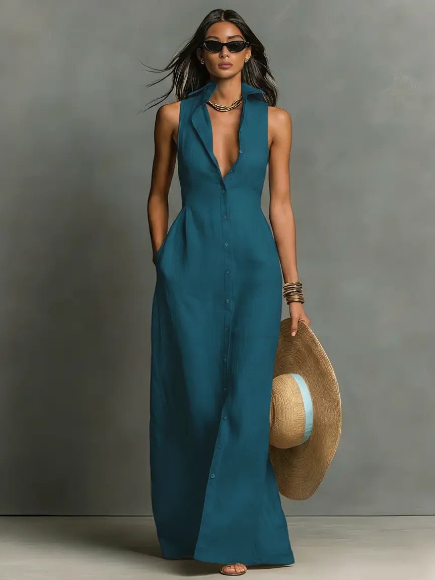 Leinen Maxi Hemdblusenkleid Ärmellos Hemdkragen - Teal Blue