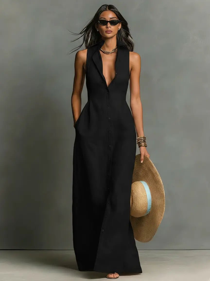 Leinen Maxi Hemdblusenkleid Ärmellos Hemdkragen - Black