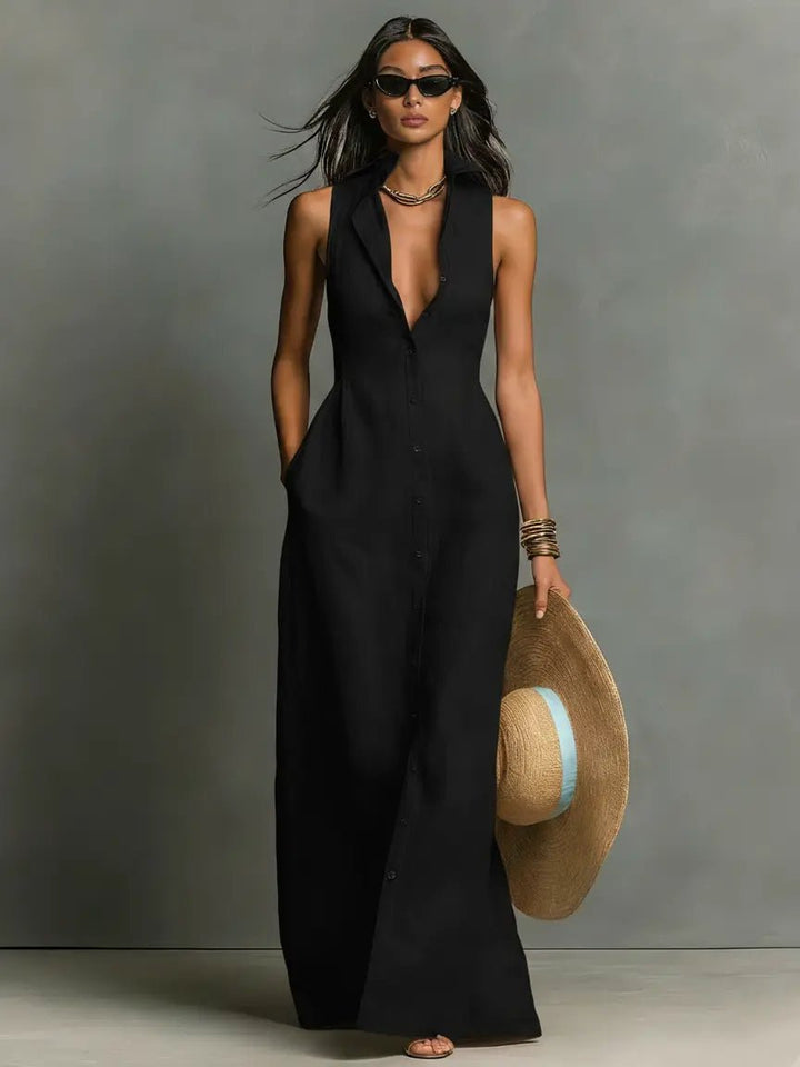 Leinen Maxi Hemdblusenkleid Ärmellos Hemdkragen - Black