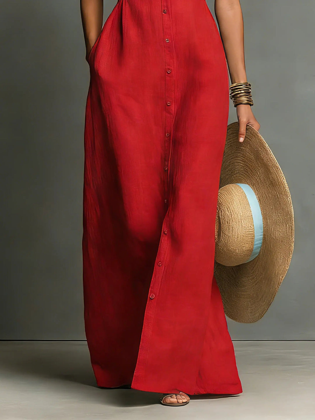 Leinen Maxi Hemdblusenkleid Ärmellos Hemdkragen