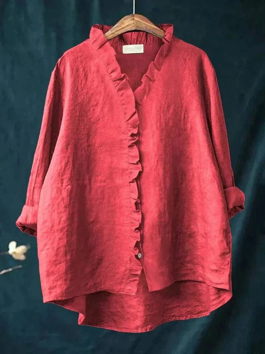 Leinen Rüschen Bluse Langarm Relaxed Fit Sommer - Red