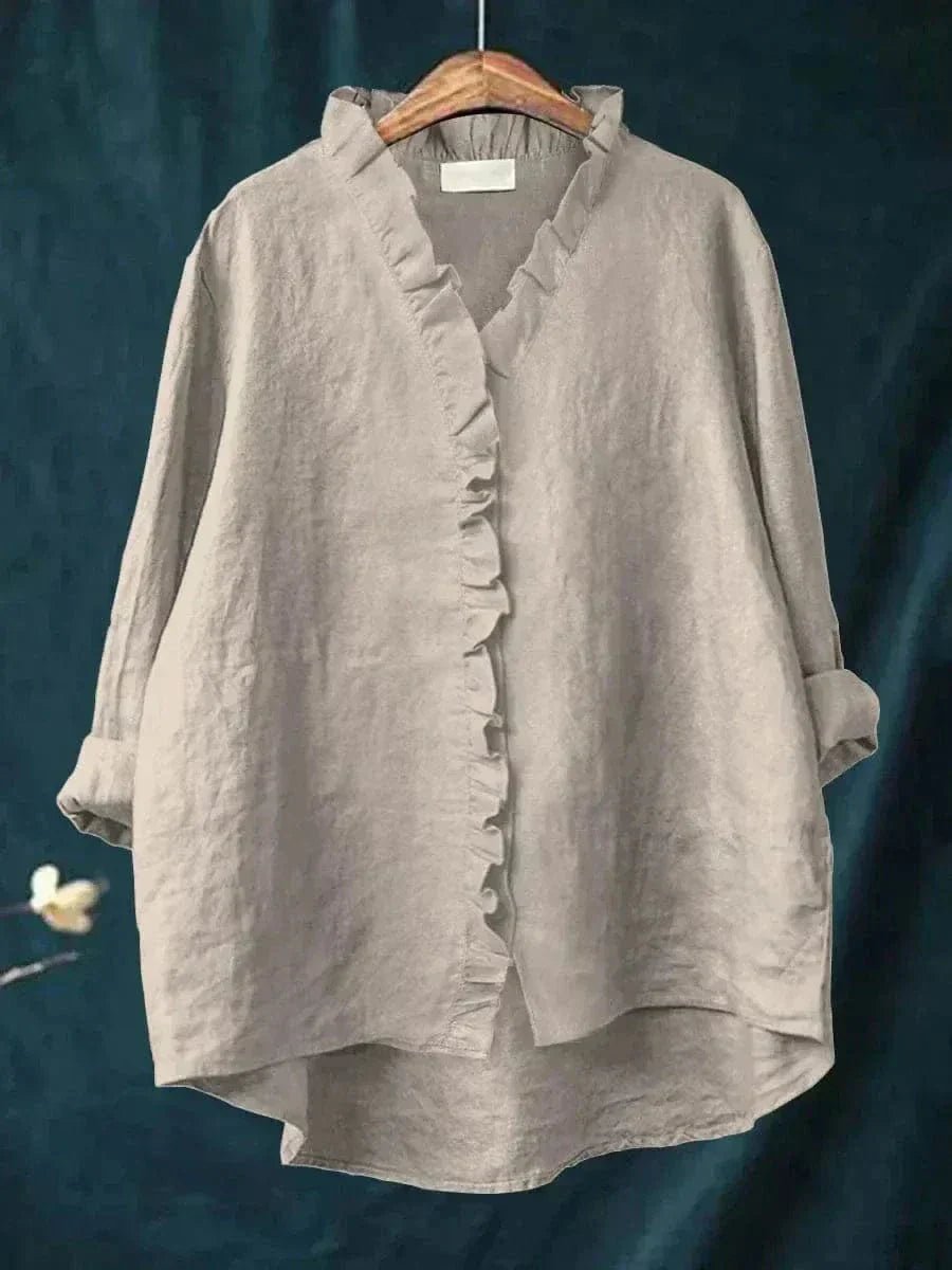 Leinen Rüschen Bluse Langarm Relaxed Fit Sommer - Gray