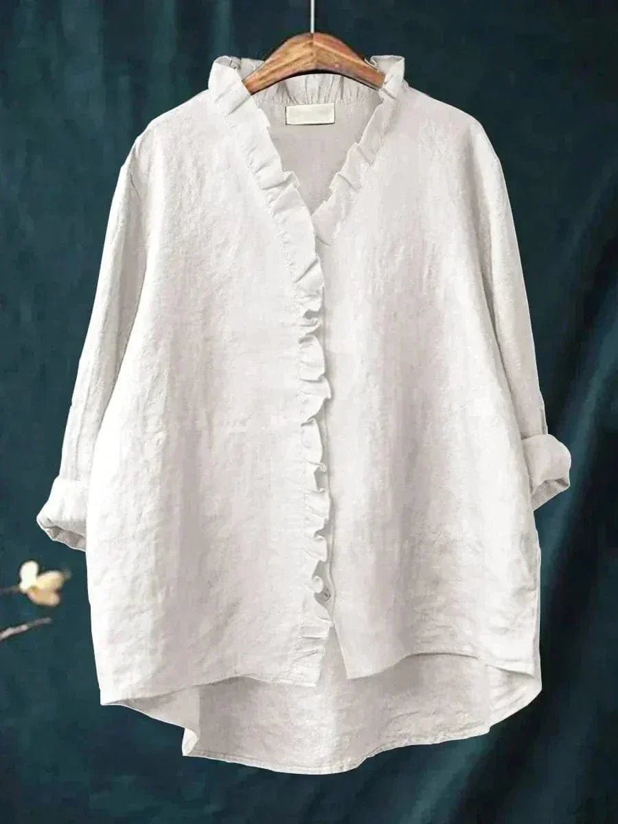 Leinen Rüschen Bluse Langarm Relaxed Fit Sommer - White