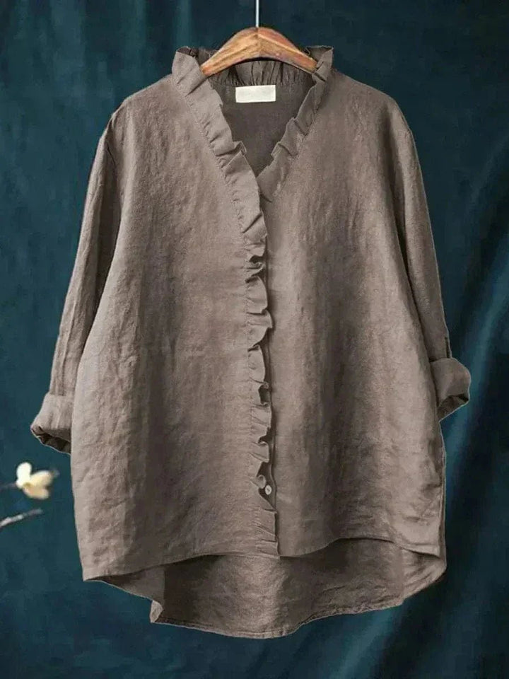 Leinen Rüschen Bluse Langarm Relaxed Fit Sommer - Dark Gray