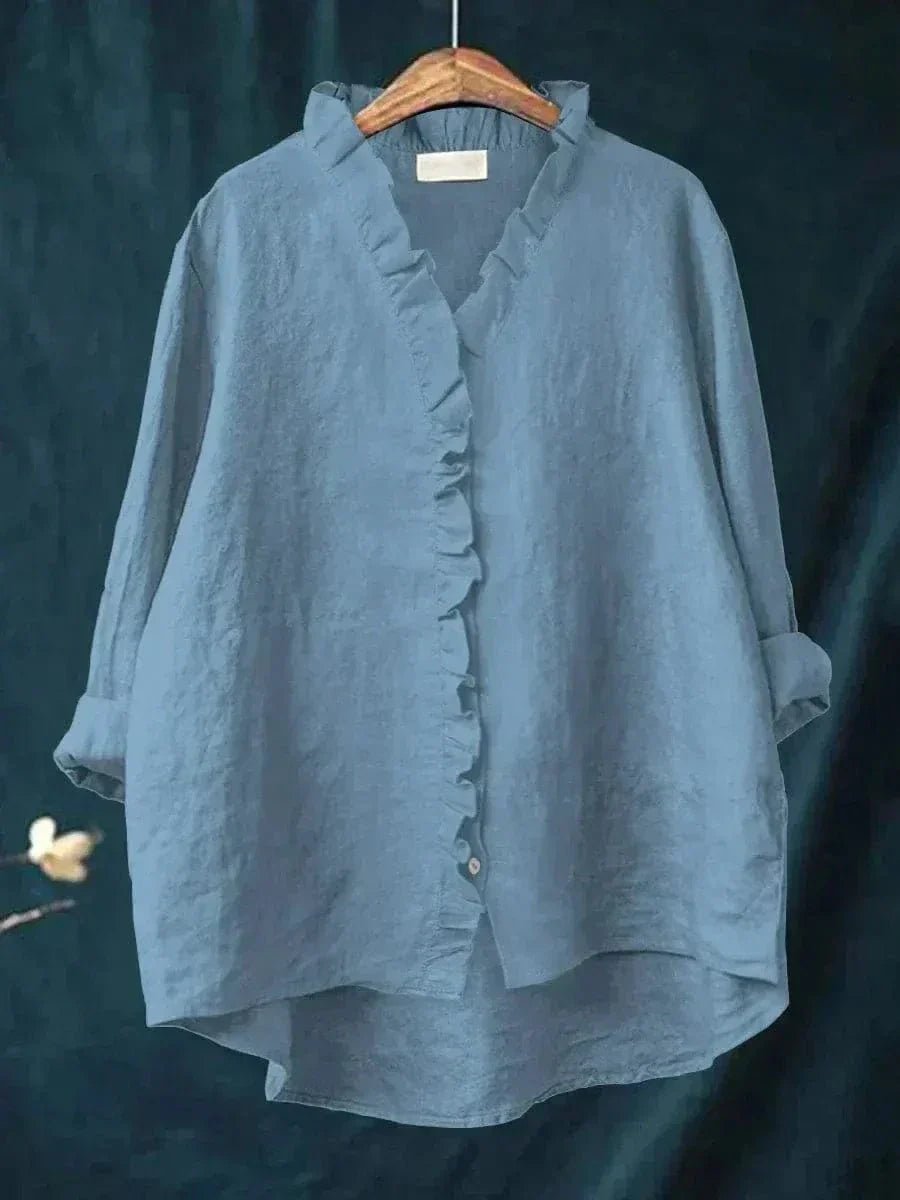 Leinen Rüschen Bluse Langarm Relaxed Fit Sommer - Blue